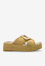 Roger Vivier Viv' By The Sea Raffia Flatform Sandals Beige RVW734419606D1 0-C013