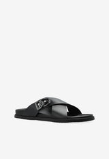 Dolce & Gabbana Logo-Appliqué Black Leather Slides Black A80525 A9Q67-80999
