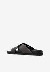 Dolce & Gabbana Cross-Strap Logo Leather Slides Brown A80525 A9Q67-8H042