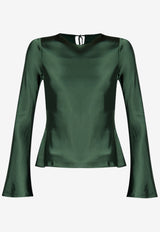 GANNI Bell-Sleeved Satin Top Green W0740 7051-774