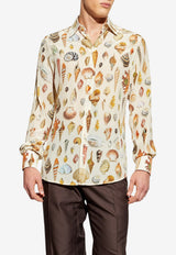 Seashell-Motif Silk Long-Sleeved Shirt