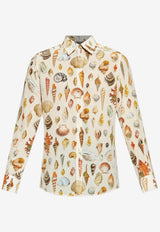 Seashell-Motif Silk Long-Sleeved Shirt