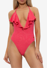 Balmain Deep V-neck Ruffled One-Piece Swimsuit Pink BKBU62330 0-651