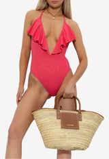 Balmain Deep V-neck Ruffled One-Piece Swimsuit Pink BKBU62330 0-651