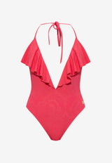 Balmain Deep V-neck Ruffled One-Piece Swimsuit Pink BKBU62330 0-651