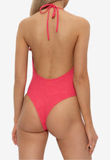 Balmain Deep V-neck Ruffled One-Piece Swimsuit Pink BKBU62330 0-651