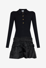 GANNI Ribbed Knit Mini Ruffled Dress Black K2523 2565-099