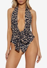 Balmain Leopard Print One-Piece Swimsuit Beige BKBUS2350 0-258
