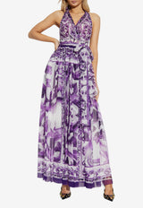 Dolce & Gabbana Silk Majolica Print Halterneck Maxi Dress Purple F6TYTT HI1BX-IP3TN