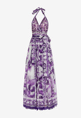 Dolce & Gabbana Silk Majolica Print Halterneck Maxi Dress Purple F6TYTT HI1BX-IP3TN