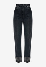 Ferragamo Logo Patch Straight Turn-Up Hem Jeans Black 13H168 P 786363-NERO