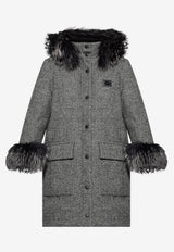 Dolce & Gabbana Logo Plaque Herringbone Wool Coat with Hood Gray F9S84T FMZAU-S8030