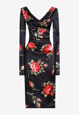 Rose Bouquet-Print Draped Satin Dress