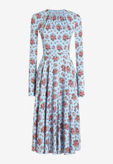 Small Flower Bouquets-Print Midi Charmeuse Dress