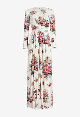Flower Bouquet-Print Charmeuse Dress