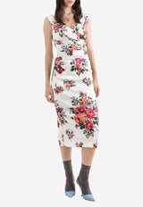 Flower Bouquet-Print Satin Dress