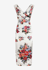 Flower Bouquet-Print Satin Dress