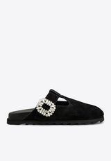 Roger Vivier Slidy Viv' Crystal Buckle Suede Mules Black RVW62542100HG0/T_ROGVI-B999
