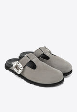 Roger Vivier Slidy Viv' Crystal Buckle Suede Mules Gray RVW62542100J9E/T_ROGVI-B213