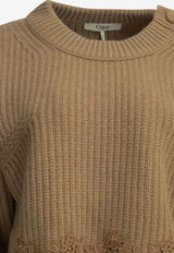 Chloé Cropped Knitted Wool Sweater with Lace Insert Brown CH26AMP18715218_e33ac53e-ddea-41e8-b5f7-2ab6107ee2f7