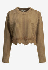 Chloé Cropped Knitted Wool Sweater with Lace Insert Brown CH26AMP18715218_e33ac53e-ddea-41e8-b5f7-2ab6107ee2f7