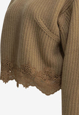 Chloé Cropped Knitted Wool Sweater with Lace Insert Brown CH26AMP18715218_e33ac53e-ddea-41e8-b5f7-2ab6107ee2f7