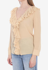 Saint Laurent Ruffled V-neck Blouse Beige 820973-Y3K45-9520