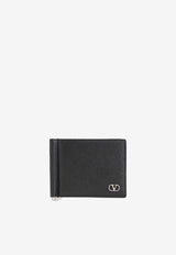 VLogo Grained Leather Money Clip Bi-Fold Wallet