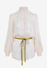 All-Over Stars Belted Silk Blouse