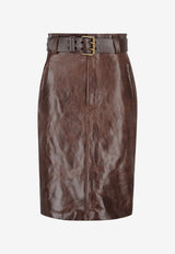 Saint Laurent Belted Pencil Skirt in Creased Leather Brown 865021YCVD2_2820