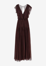 Elisabetta Franchi V-neck Maxi Tulle Dress Brown AR80J62E2644_Brown_41973147