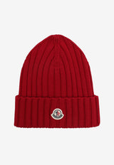 Moncler Logo Patch Knitted Wool Beanie Red 3B00036A9327/T_MONCL-456