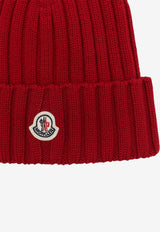 Moncler Logo Patch Knitted Wool Beanie Red 3B00036A9327/T_MONCL-456
