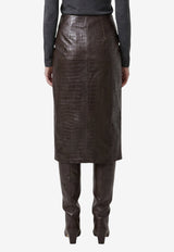 Federica Tosi Croc-Embossed Leather Midi Skirt Dark Brown 30704-301-69