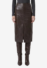 Federica Tosi Croc-Embossed Leather Midi Skirt Dark Brown 30704-301-69
