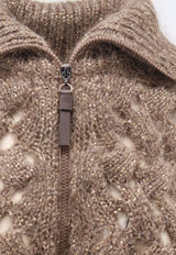 Brunello Cucinelli Micro-Sequin Chunky Knit Zip Cardigan Brown MNT347516CLE69_BROWN_70014890