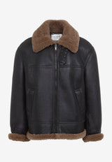 Shearling-Trimmed Leather Biker Jacket
