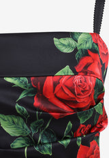 Rose Print Ruched Satin Mini Dress