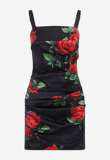 Rose Print Ruched Satin Mini Dress