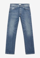 Versace Logo Patch Straight-Leg Washed Denim Pants Light Blue 10241301A19189/T_VERSA-1D190