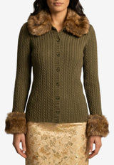 Saint Laurent Faux-Fur Trimmed Cable Knit Cashmere Cardigan Green A003KN-Y77OG-1310