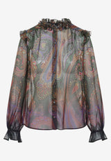 Paisley Print Ruffled Sheer Blouse
