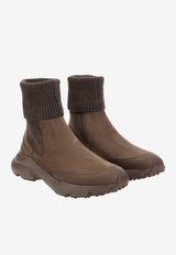 Suede and Rib Knit Ankle Boots
