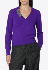 Dries Van Noten Cashmere V-neck Sweater with Brooch Purple 112232704/R_DRVNO-401