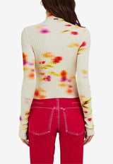 Ferragamo Blossom Print Rib Knit Top 113162 E 781156 MASCARPONE/RED/CHE