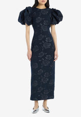 ROTATE Floral Jacquard Puff-Sleeved Midi Dress Navy 1151172318_DARK BLUE