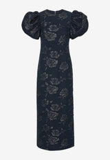 ROTATE Floral Jacquard Puff-Sleeved Midi Dress Navy 1151172318_DARK BLUE