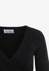 فستان محبوك بقَصة عنق V من مزيج الموهير بطول منتصف الساق