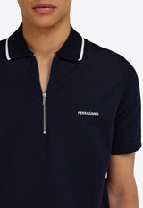 Ferragamo Logo Embroidered Hal-Zip Polo T-shirt Blue 144797 H 784281 NEW NAVY