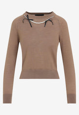 Pearl-Embellished Bow-Detailed Knitted Sweater